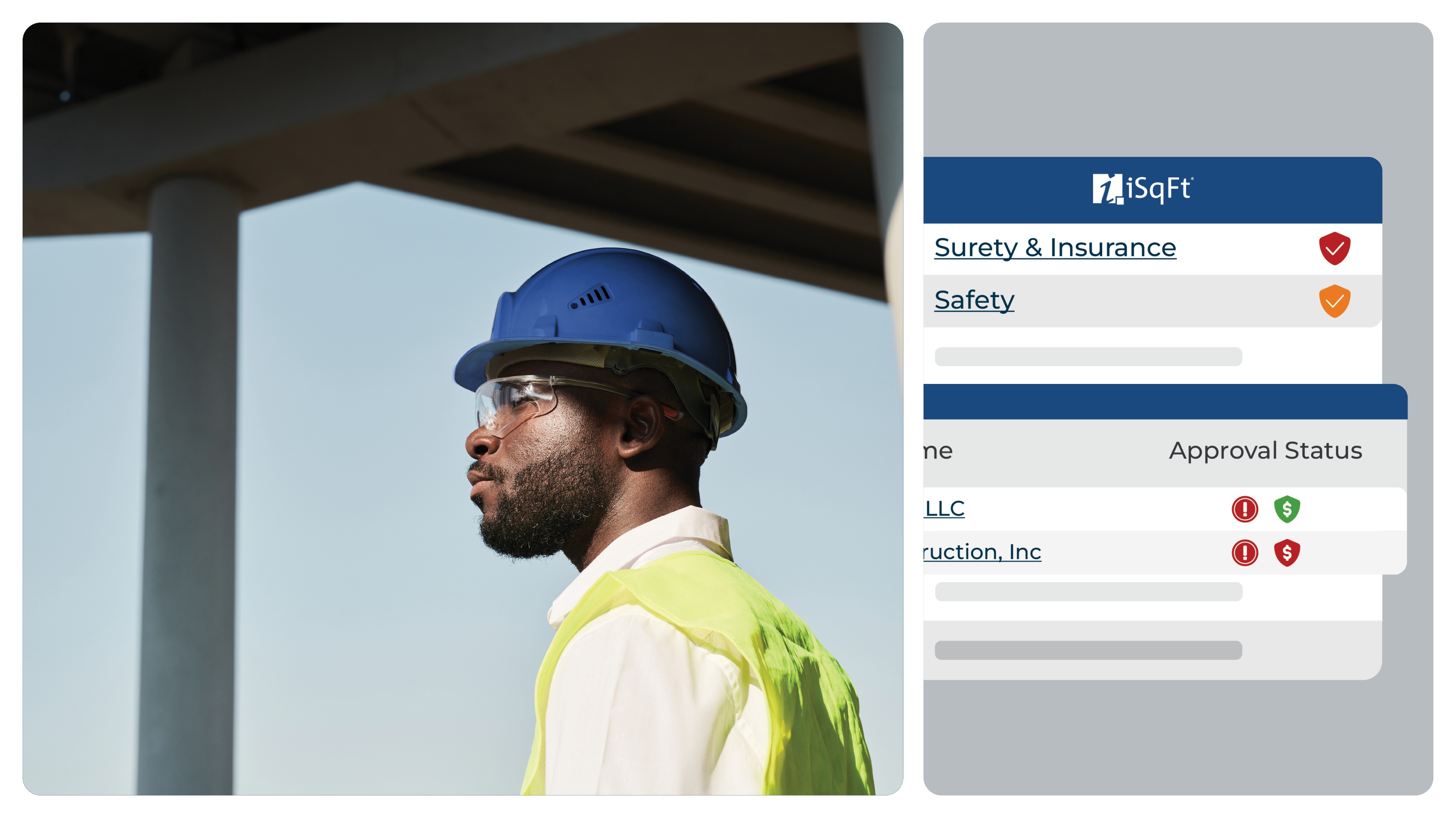 Official iSqFt marketing image pairing a construction professional with a subcontractor qualification dashboard