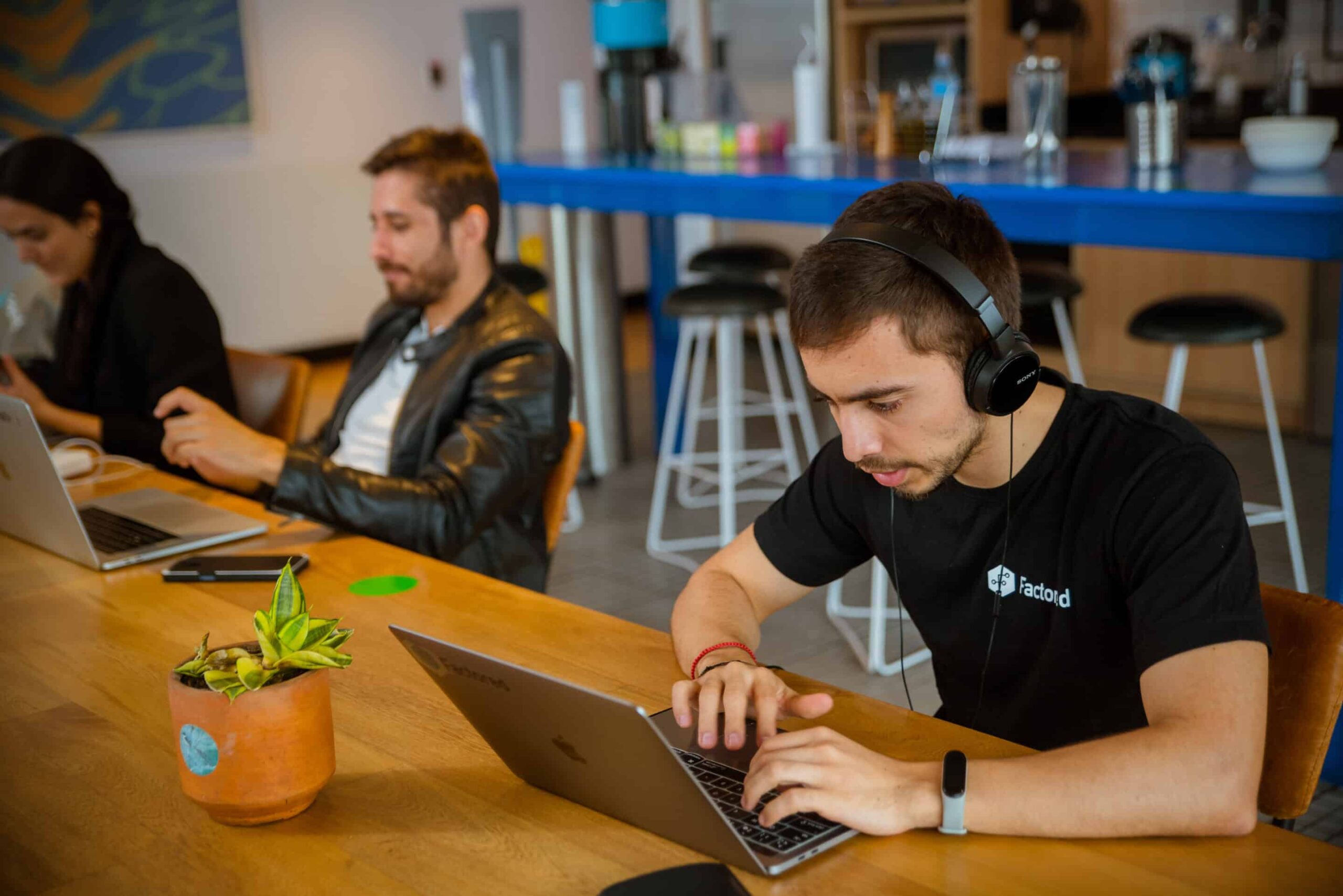 Factored colleagues concentrating on their laptops at a shared table