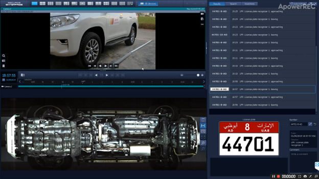 SecurOS interface showing a vehicle image, its scanned undercarriage and license plate information