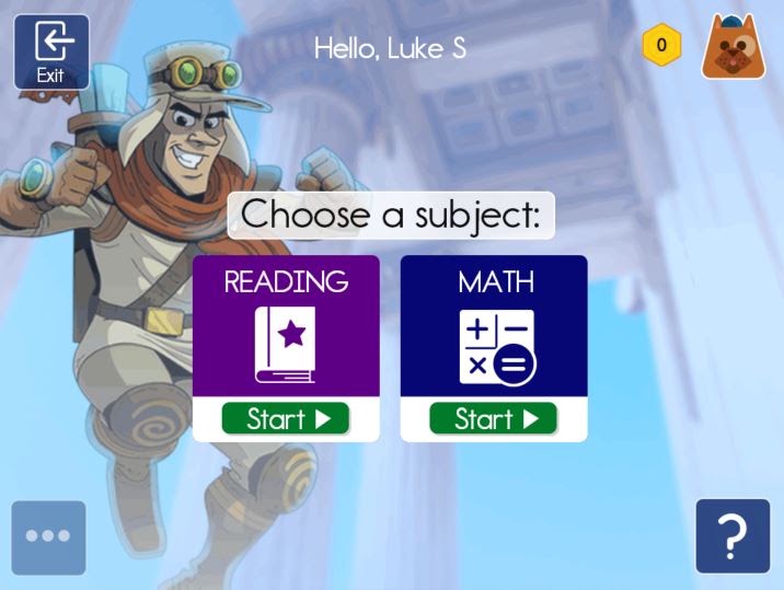 Legacy Istation student screen with an animated caped guide and Reading and Math buttons