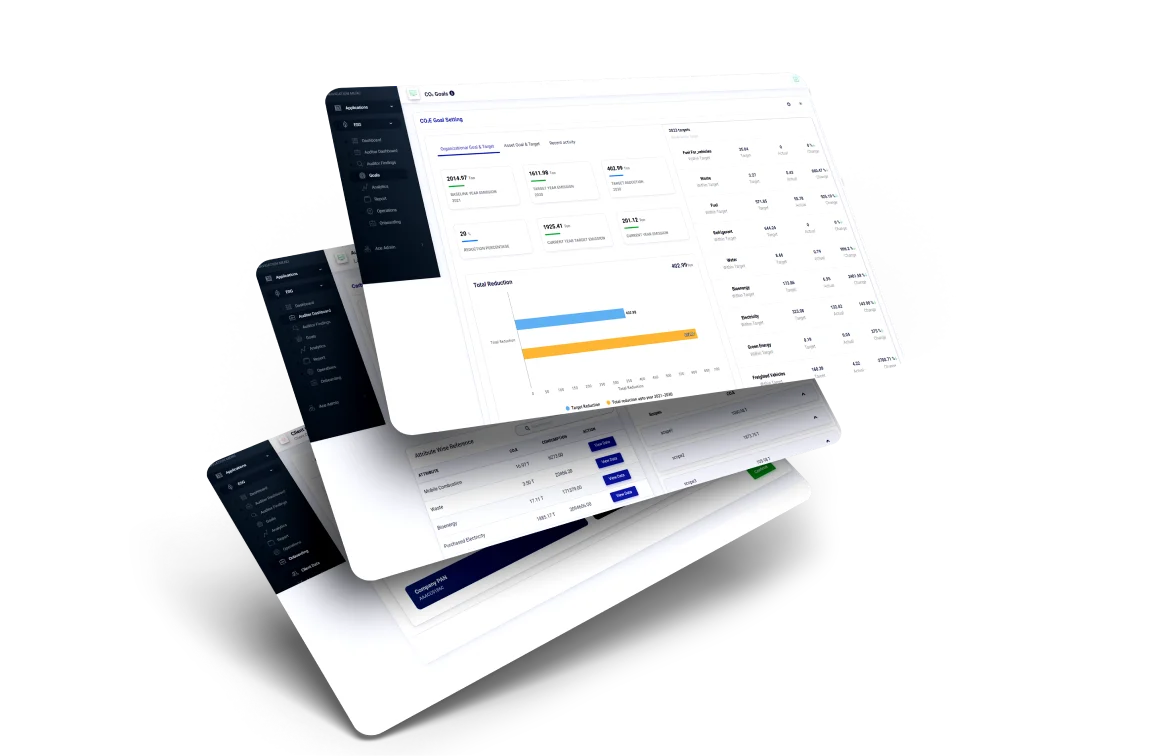 OnlyGood product montage showing carbon accounting dashboards and reporting screens