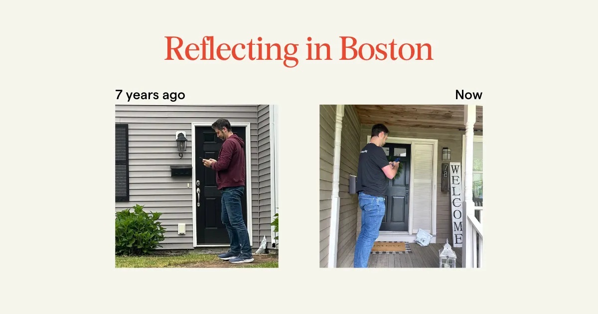 Veho’s side-by-side photographs of Itamar Zur delivering packages at Boston doorsteps in 2016 and 2023