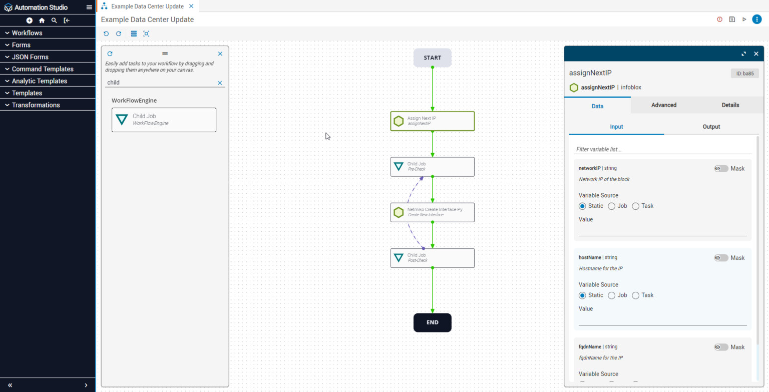 Itential Automation Studio showing a visual network workflow and its input configuration