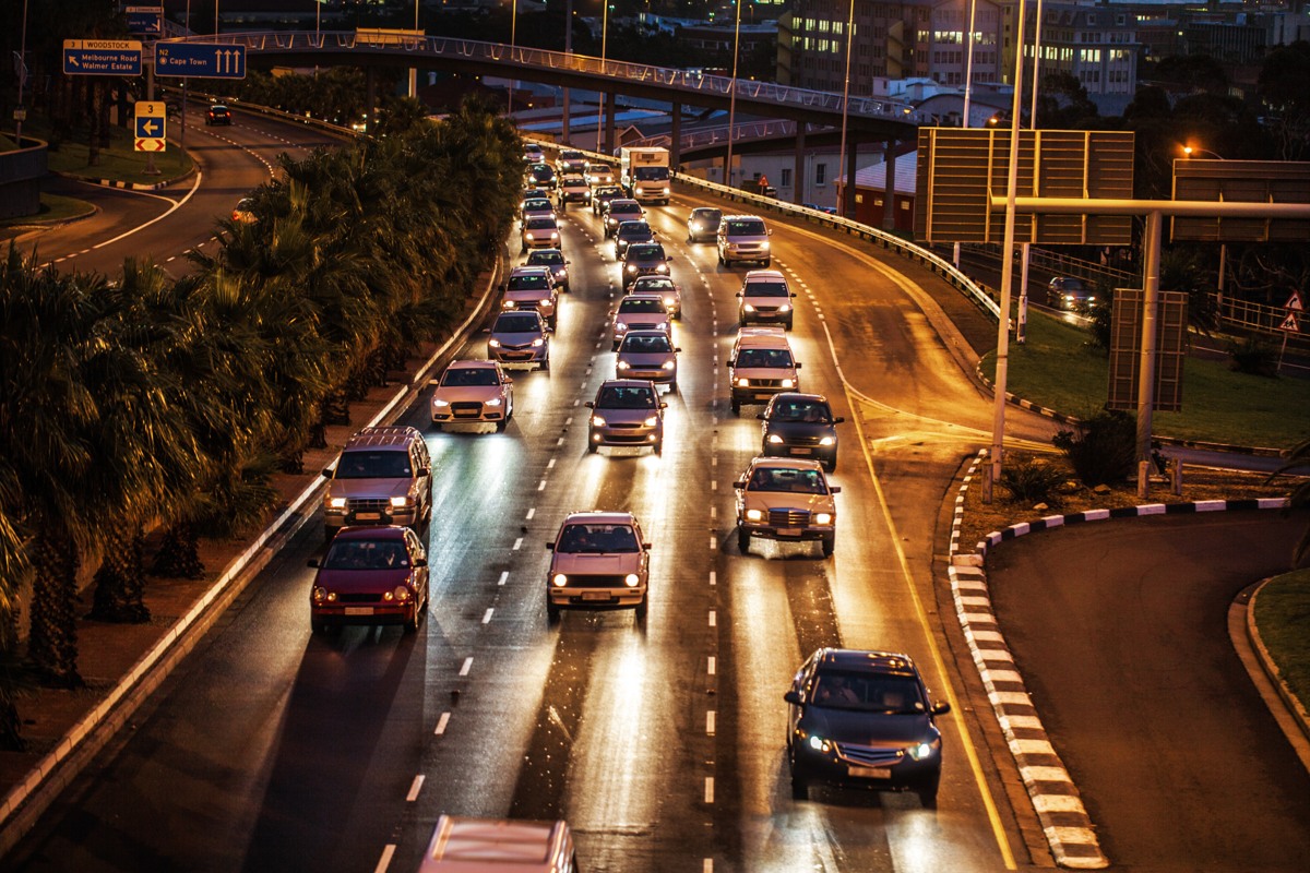 Evening traffic on a divided urban roadway, an illustrative Iteris press photograph