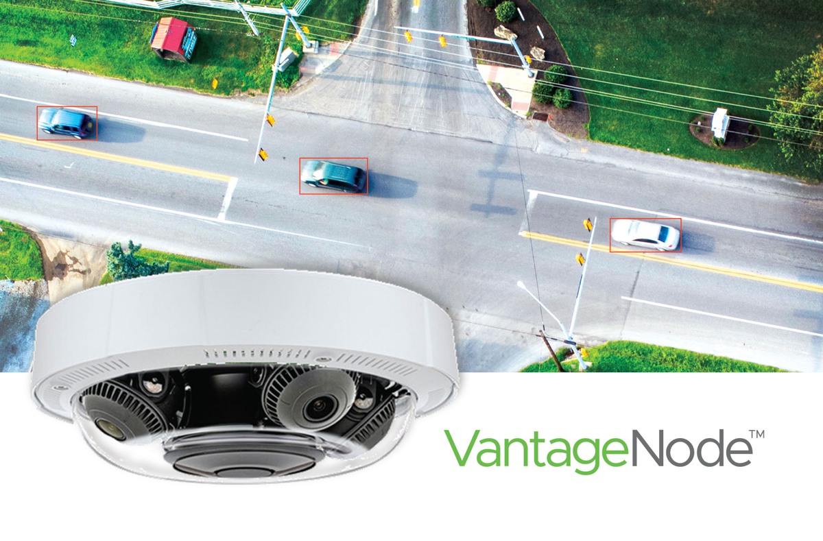 Iteris VantageNode product composite: four-camera sensor beneath an overhead intersection view