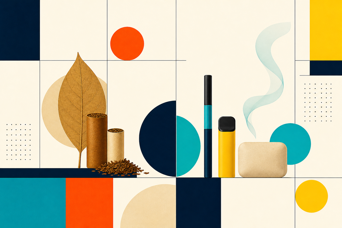 Abstract Swiss-style composition of leaf, geometric forms, a vapor ribbon and modern nicotine formats