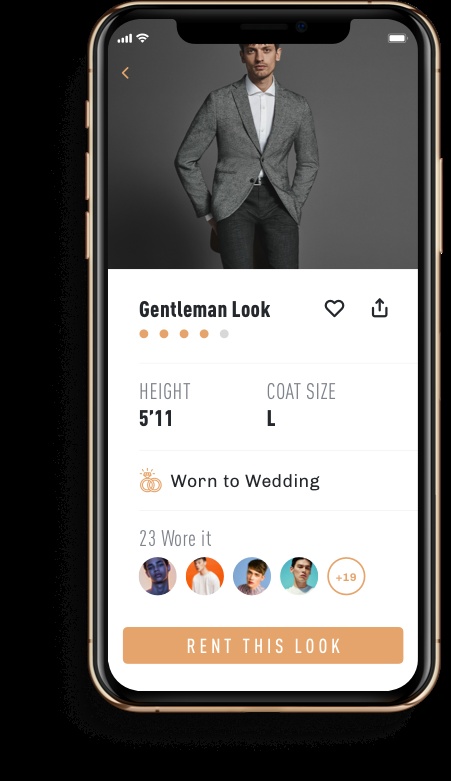 ITG mobile design mockup showing a suit rental listing, sizing information and a Rent This Look button