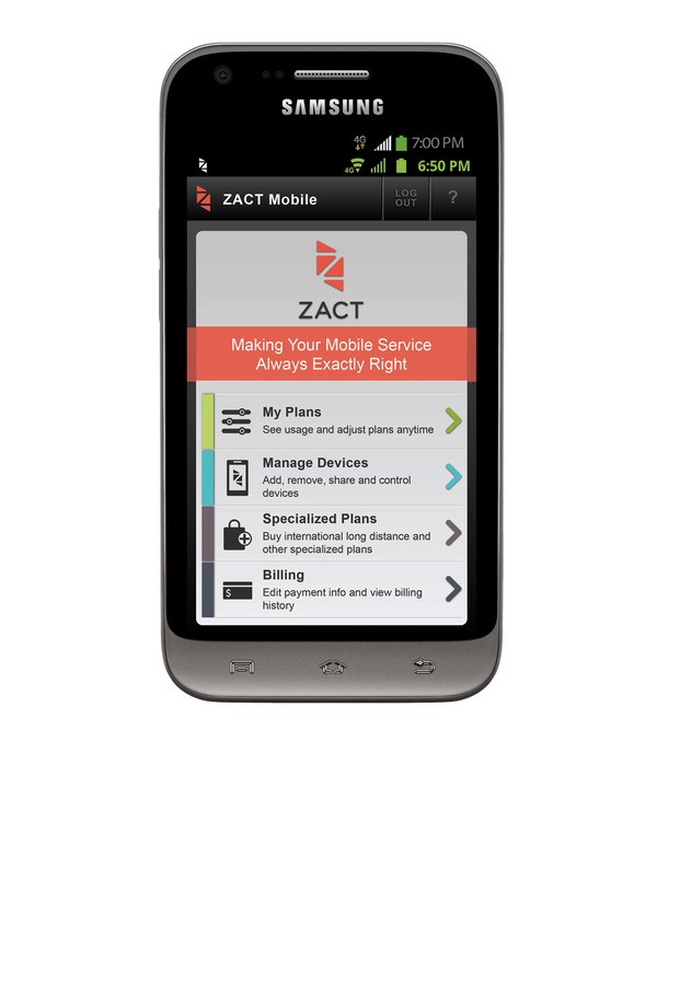 Zact Mobile application shown on a Samsung smartphone