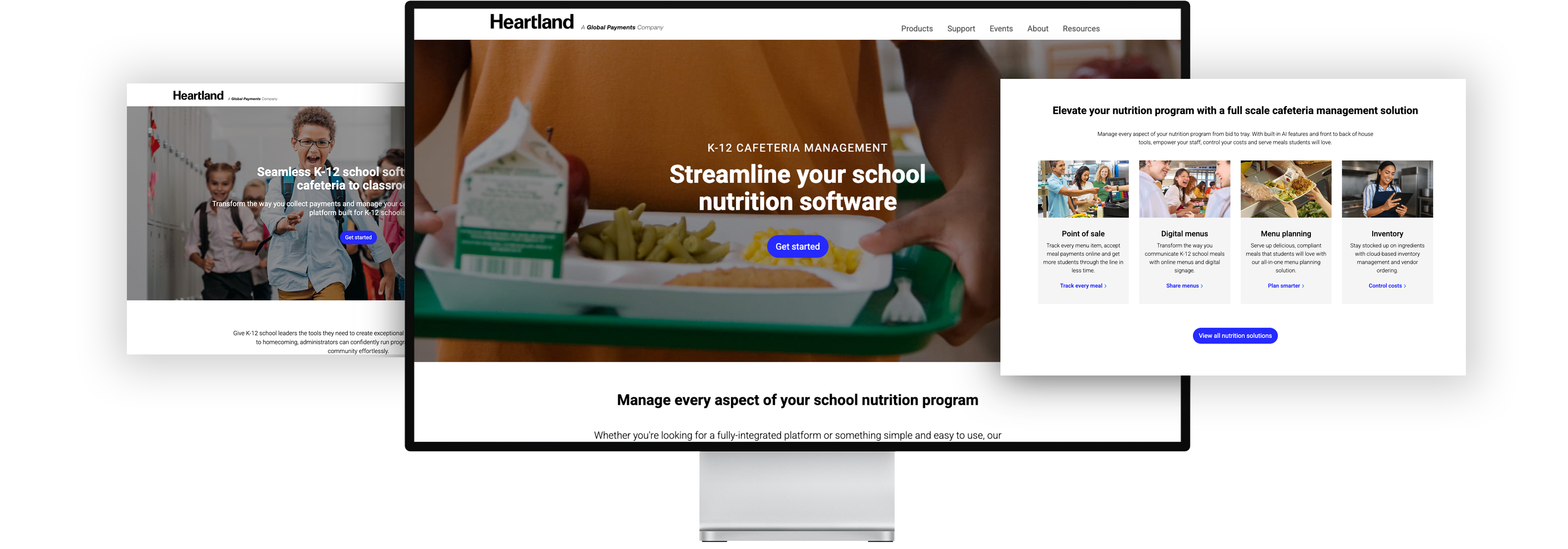 Montage of Heartland school nutrition website pages showing menu planning and cafeteria management services