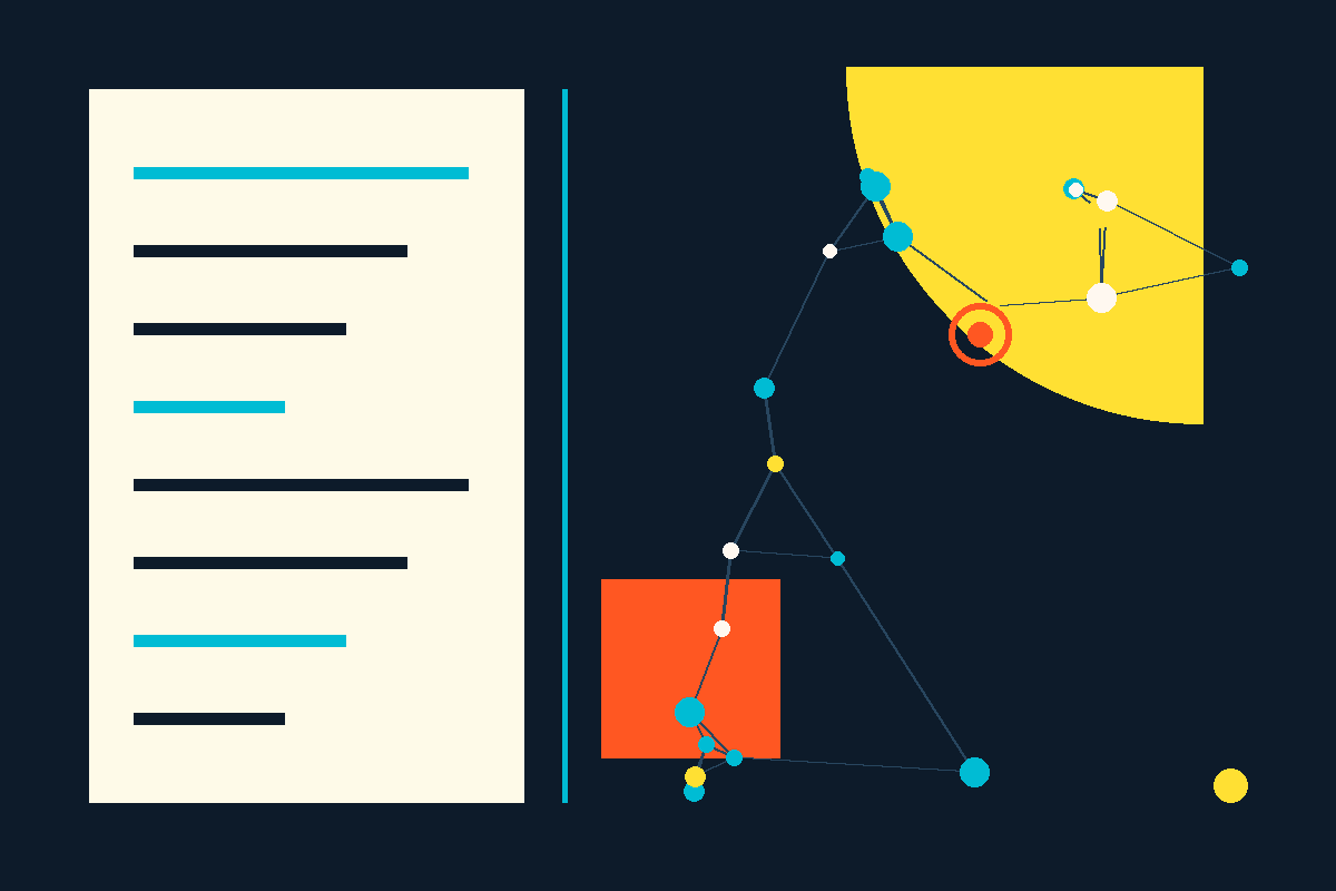 Swiss-style illustration of a network graph being illuminated beside a document