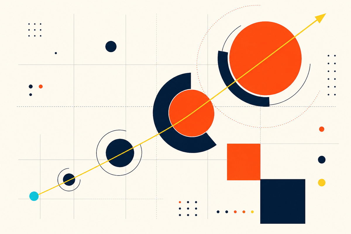 Abstract Swiss-style geometry showing small forms expanding along an upward diagonal