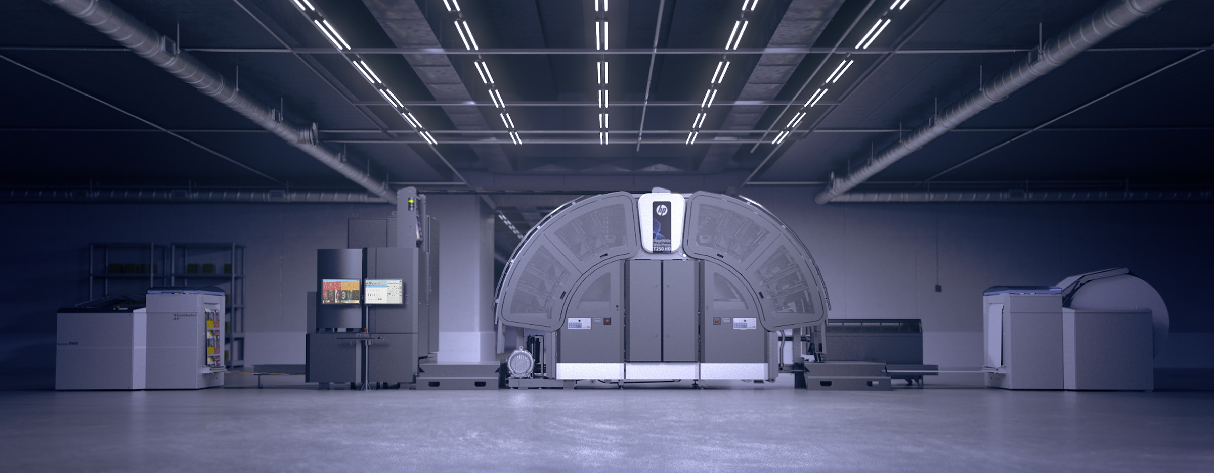 HP PageWide T250 HD digital web press in an industrial product image