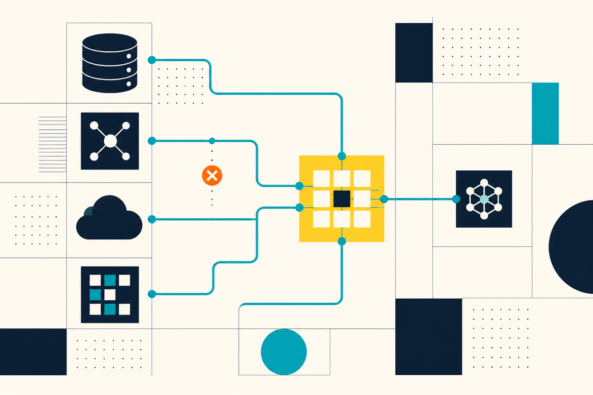 Abstract Swiss-style diagram of databases, cloud systems and applications connected into one governed network