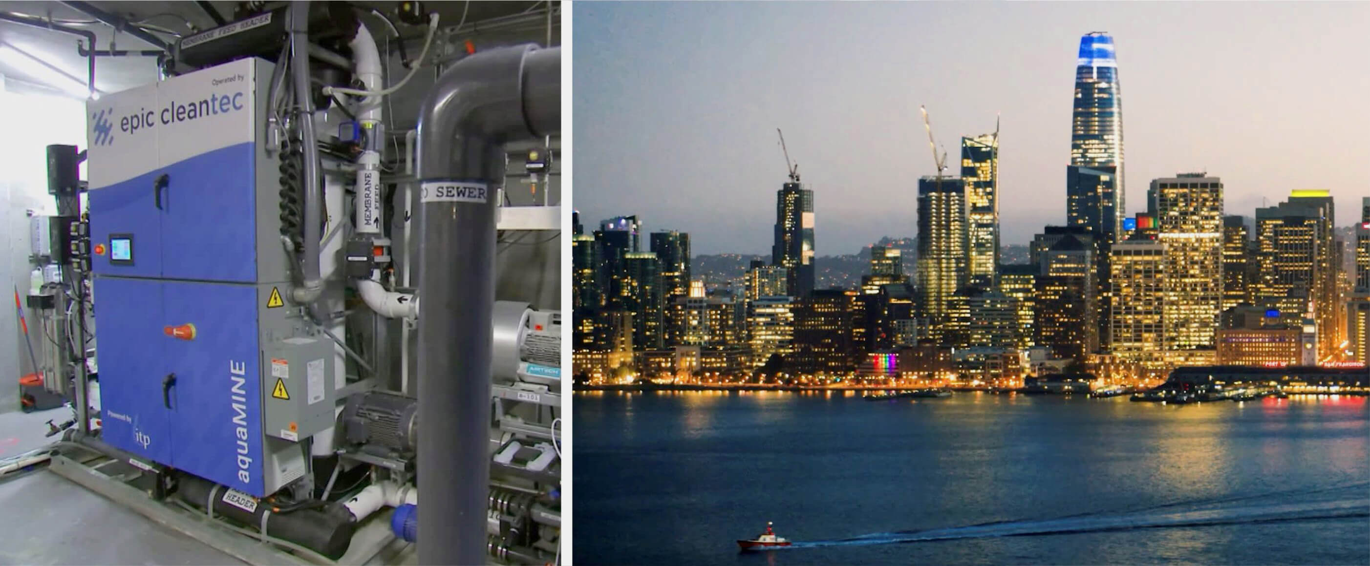 Epic Cleantec water treatment equipment beside a photograph of the San Francisco skyline
