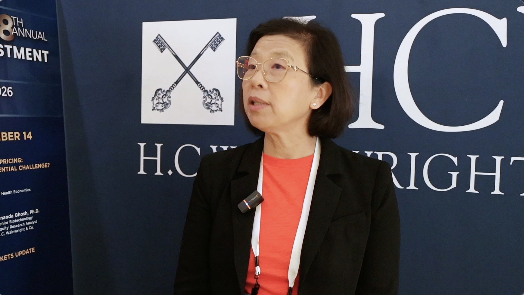 J. Jean Cui speaking during a BiotechTV interview at the 2026 H.C. Wainwright conference