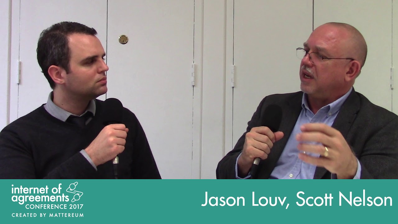 Jason Louv interviewing Scott Nelson, on the right, at the Internet of Agreements conference in 2017