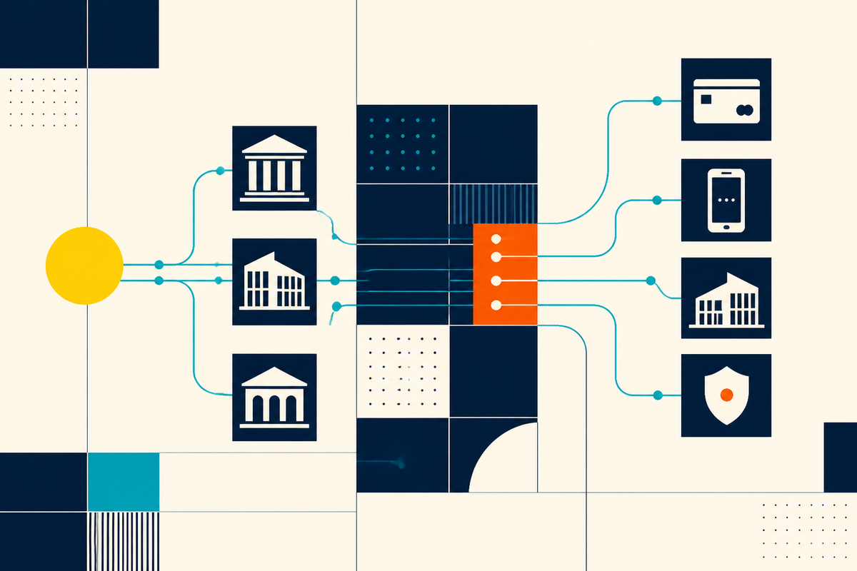 Abstract Swiss-style illustration of connected banks, payments and security systems