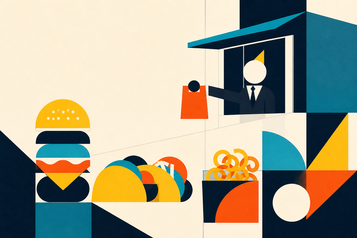 Abstract Swiss-style illustration of a drive-thru window, burger, tacos and curly fries in navy, teal, yellow and orange