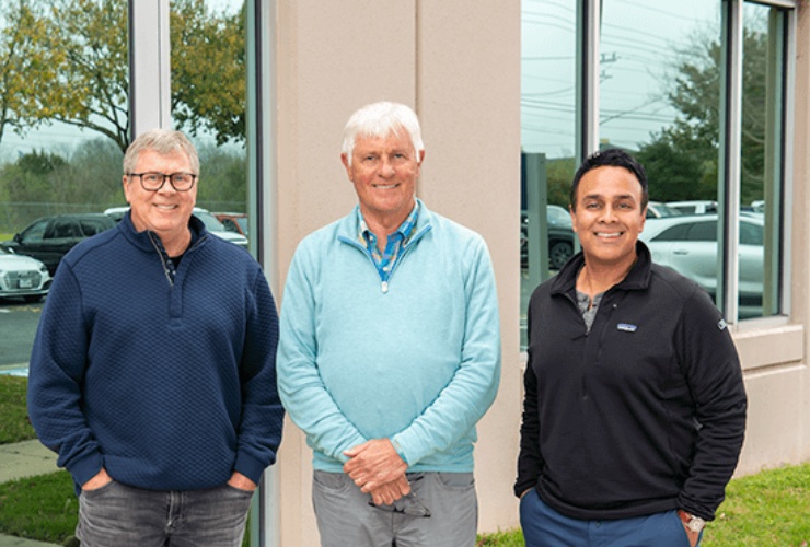 ePac co-founders Carl Joachim, Jack Knott and Virag Patel standing together outdoors