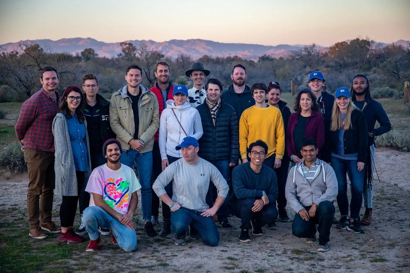 Respondent colleagues gathered outdoors at their Arizona ranch retreat in February 2020