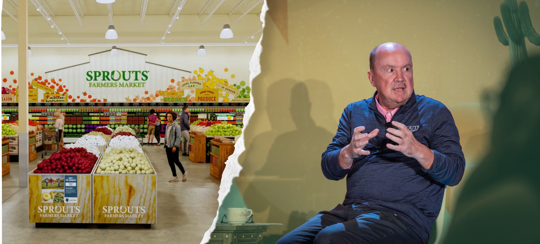 RetailSpaces composite showing a Sprouts produce department and Jack Sinclair speaking at the event