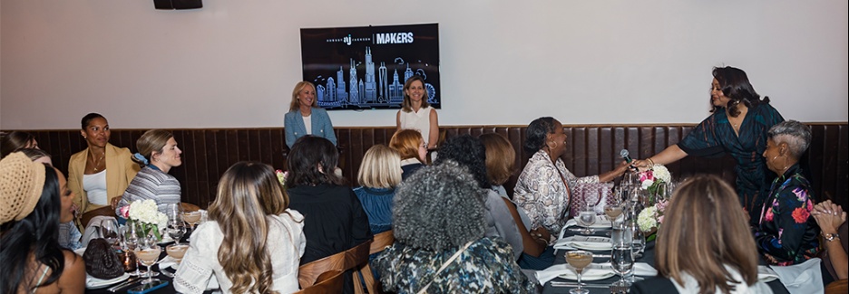 Jacque Patterson and fellow speakers at the August Jackson and MAKERS salon dinner, with guests seated around a table