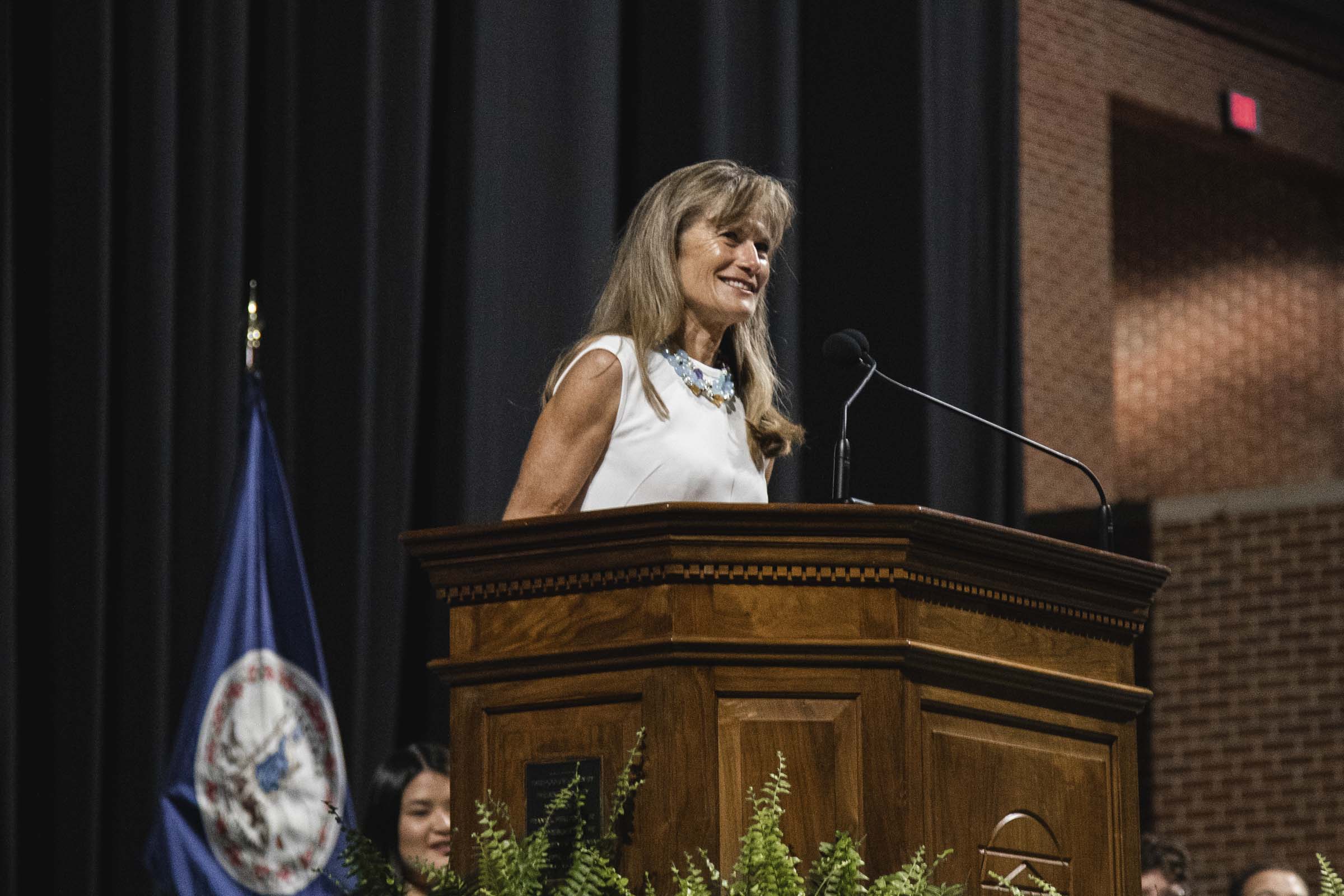 Jacqueline Novogratz speaking at the University of Virginia’s 2023 Valedictory Exercises