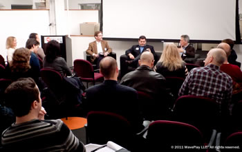 Audience members face a seated panel at a Founders Space roundtable in San Francisco.