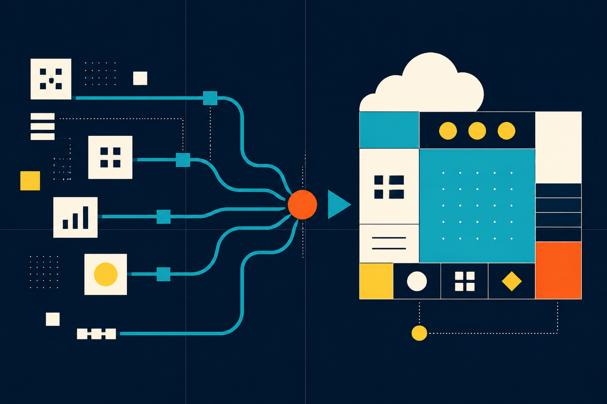 Abstract Swiss-style illustration of separate enterprise systems flowing into a connected operating architecture