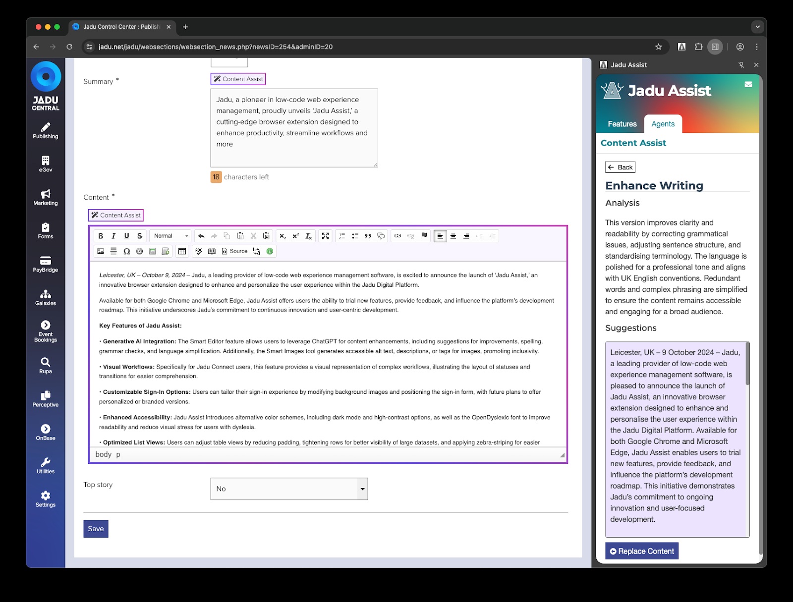 Jadu Central content editor with a Content Assist panel offering writing suggestions