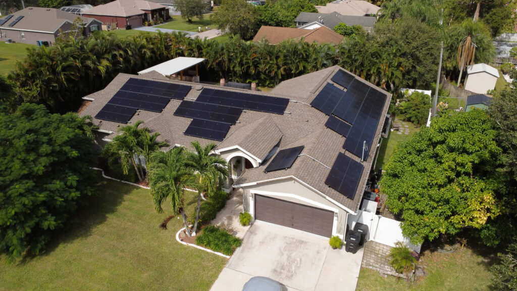 A Florida home with solar panels installed across several sections of its roof