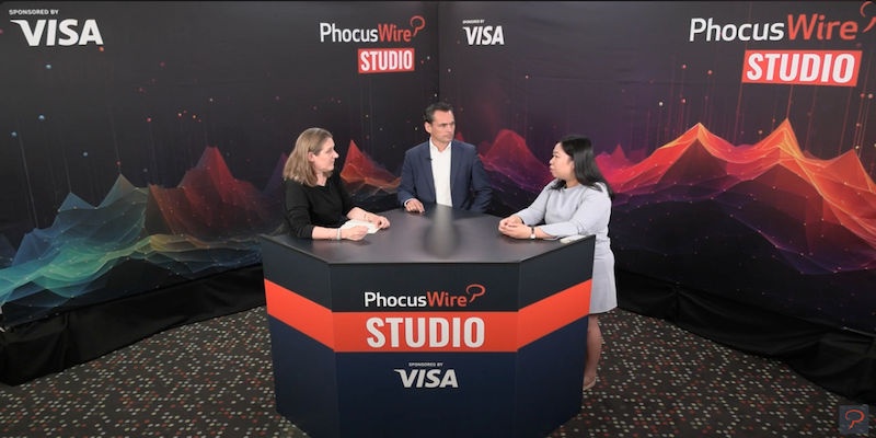 Linda Fox, Jaime Sastre and Rita Lei seated around the PhocusWire Studio interview table at Phocuswright Europe 2024