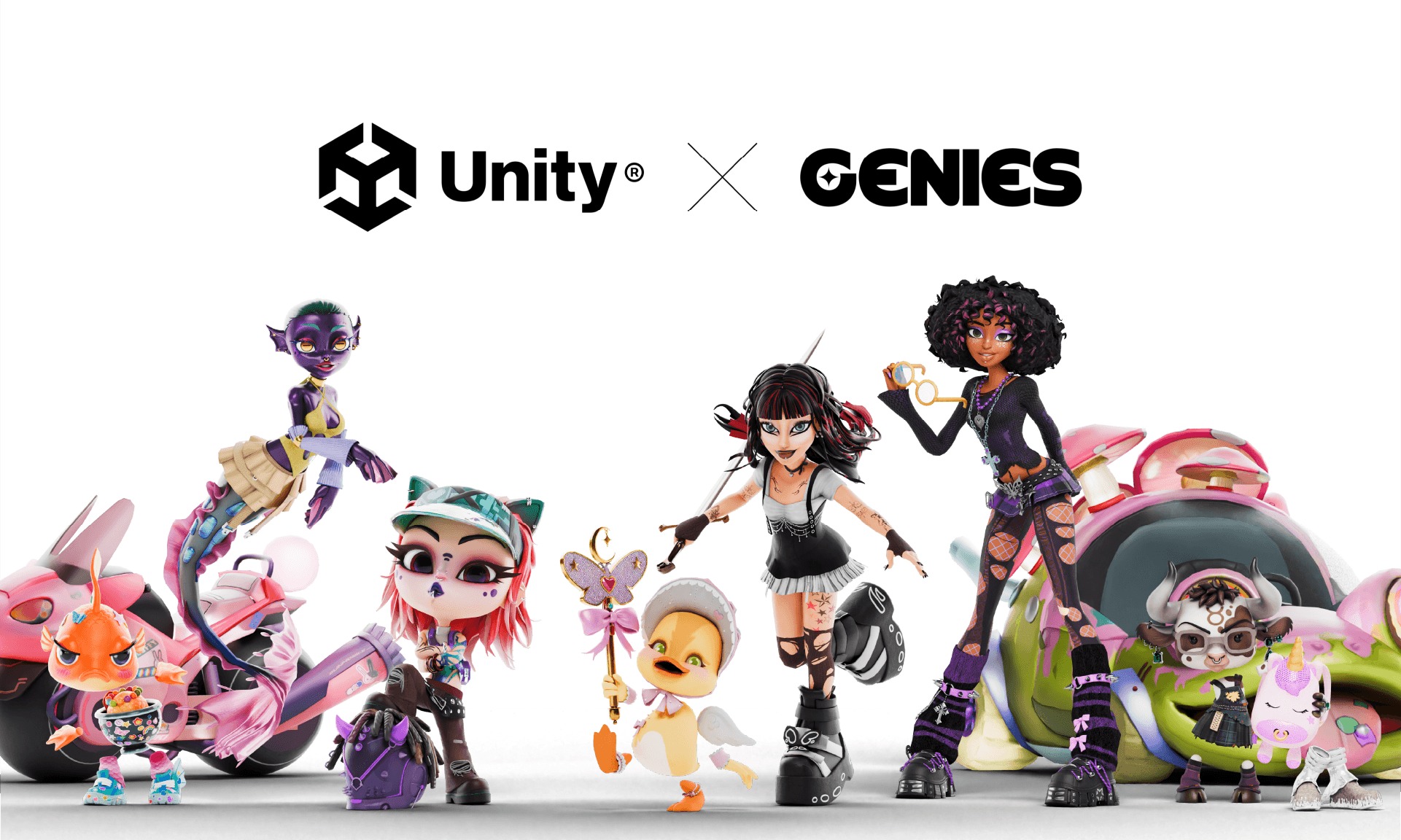 A lineup of colorful Genies characters beneath the Unity and Genies names