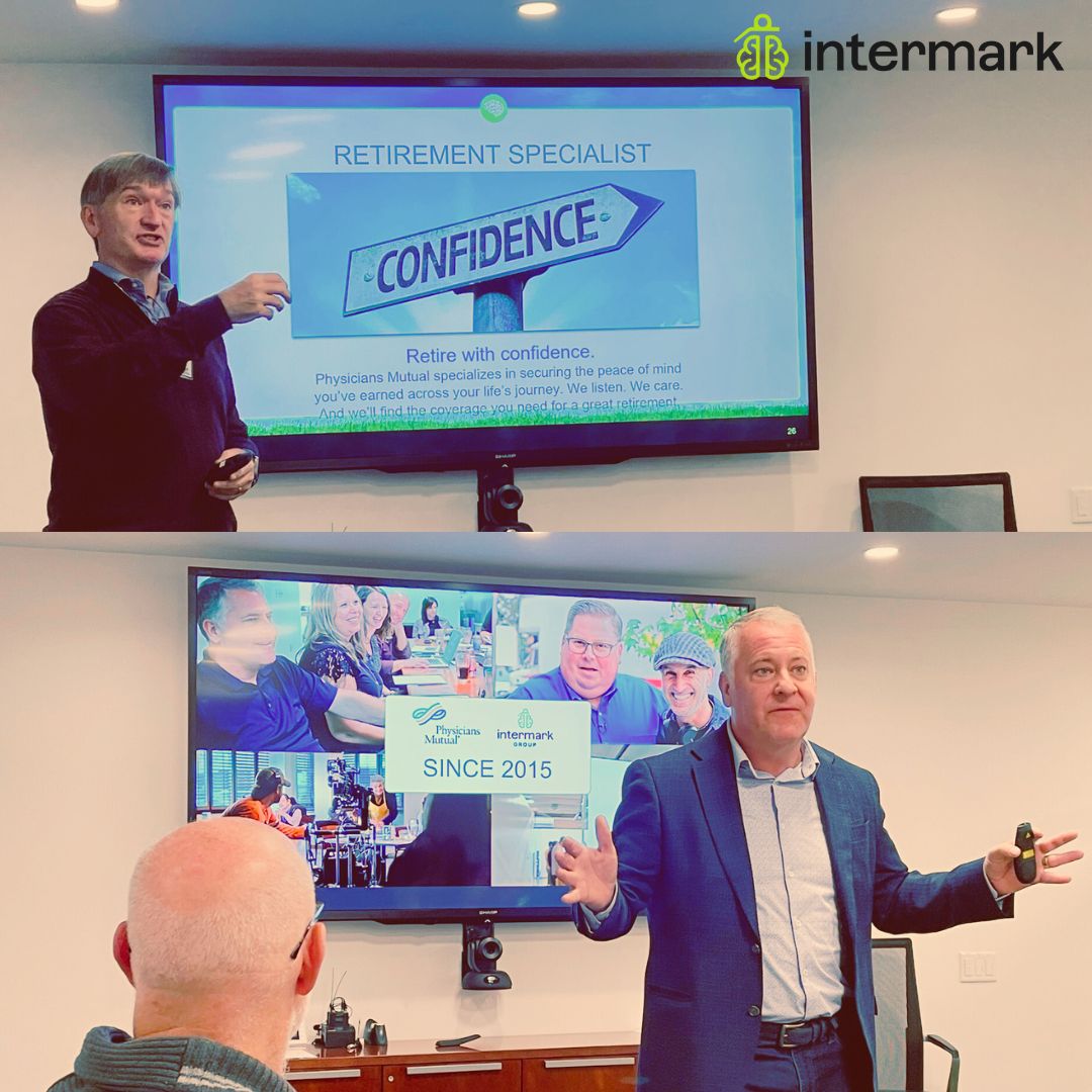 Jake McKenzie presenting a Physicians Mutual retirement marketing case while a colleague presents below him