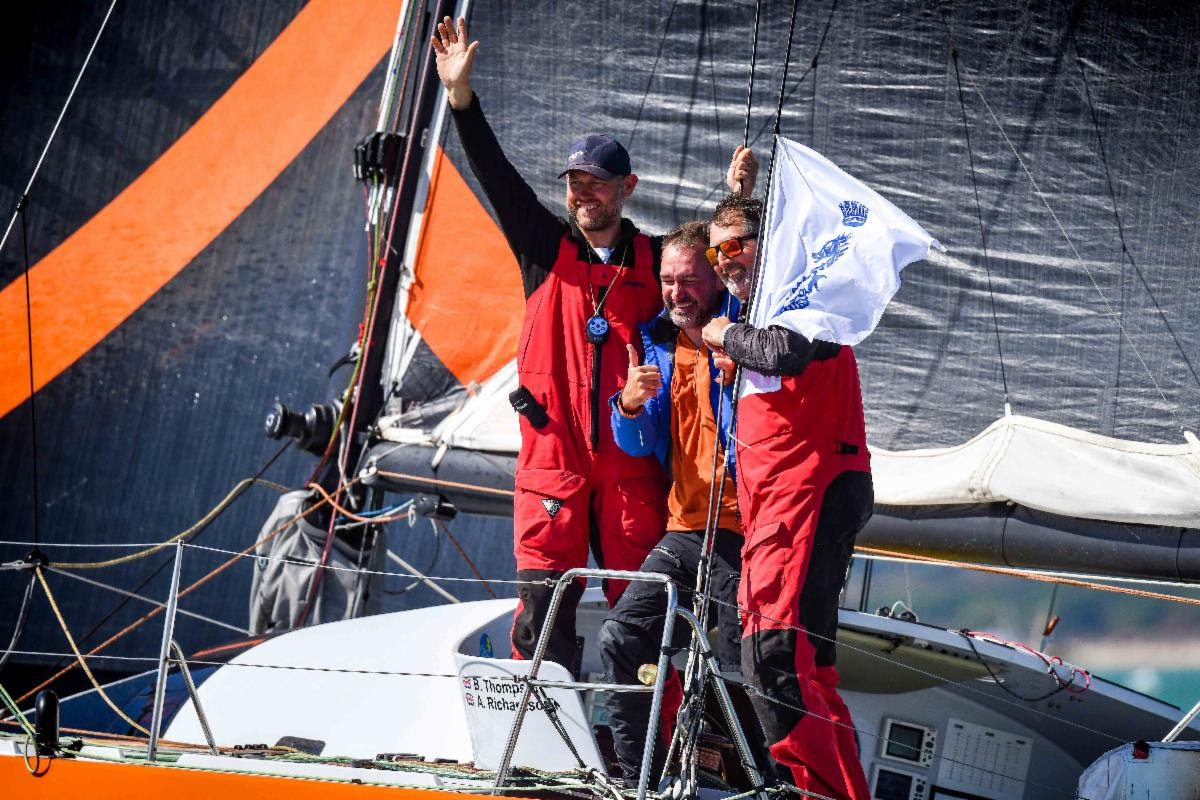 James McHugh with Alister Richardson and Brian Thompson aboard Tquila after the 2022 Round Britain and Ireland Race