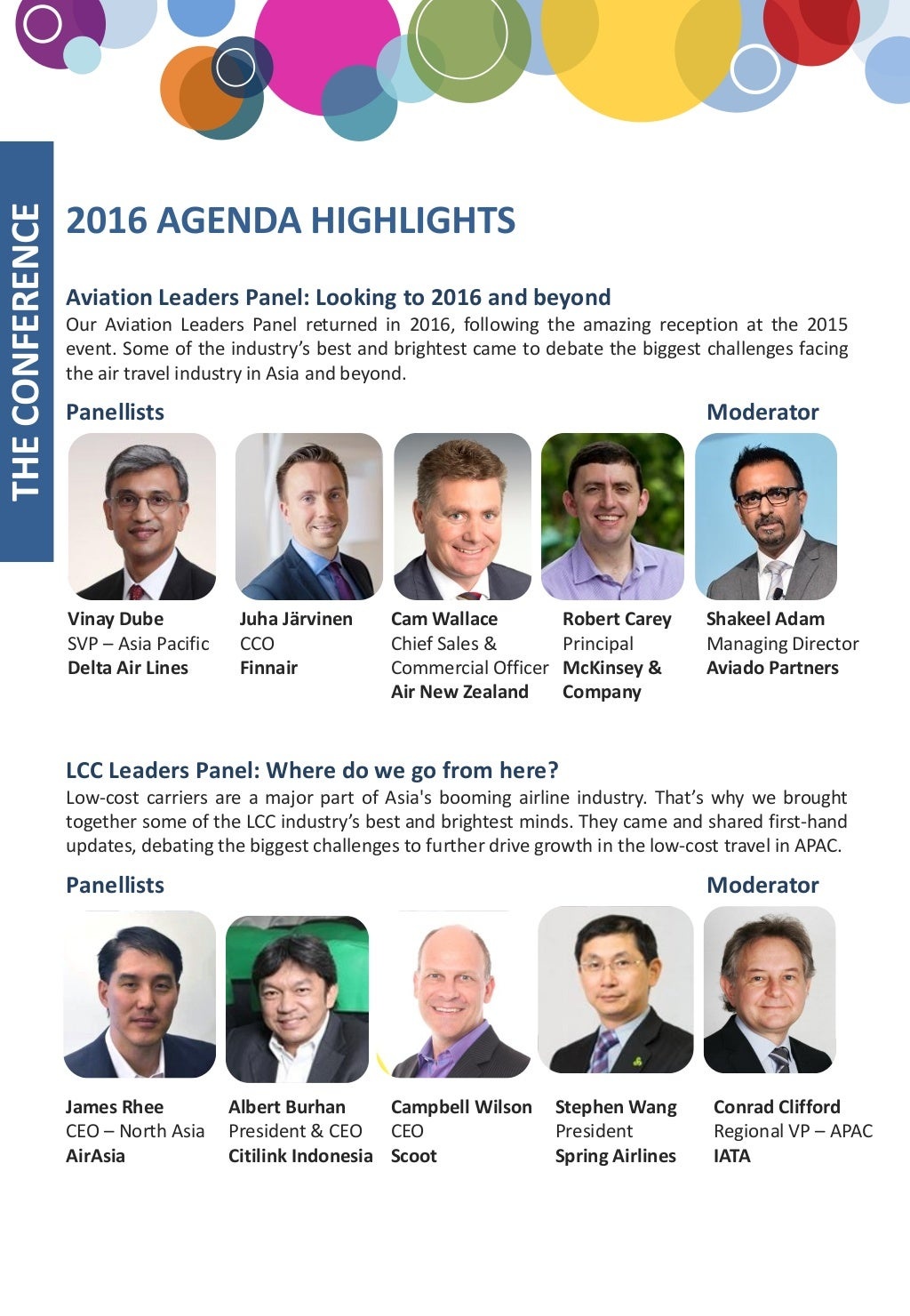 The Aviation Festival Asia 2016 agenda names James Rhee of AirAsia alongside Albert Burhan, Campbell Wilson, Stephen Wang and moderator Conrad Clifford.