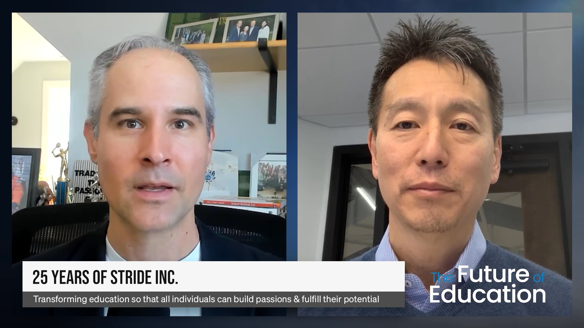 Michael Horn, left, in conversation with James Rhyu, right, on The Future of Education