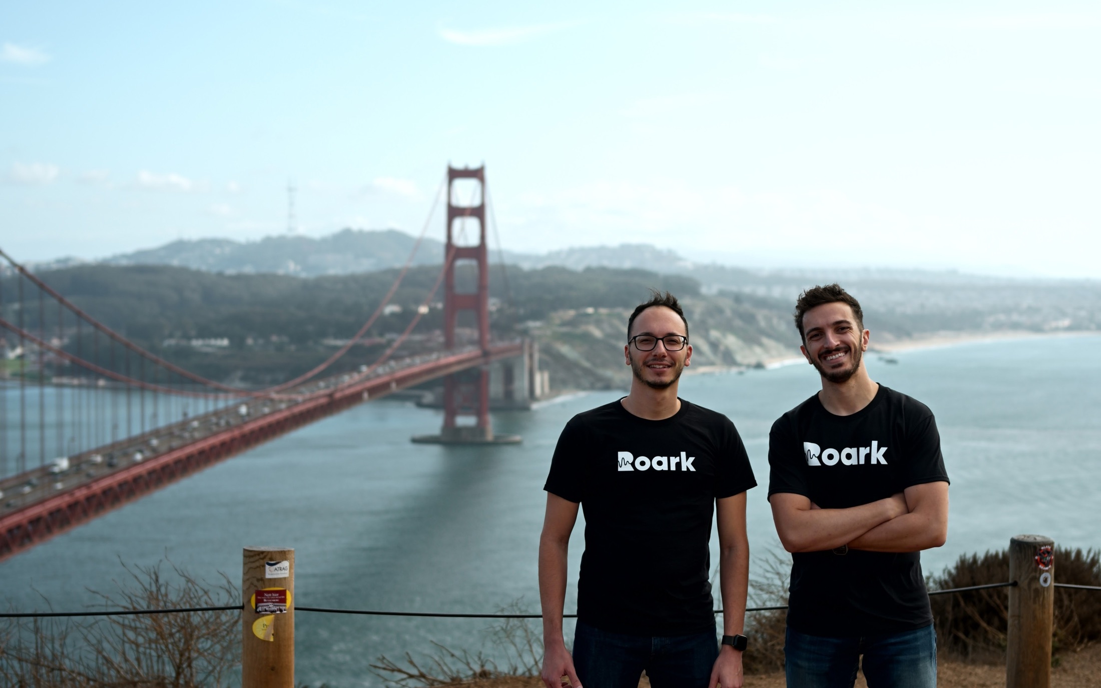 James Zammit and Daniel Gauci Mizzi standing above the Golden Gate Bridge in Roark shirts