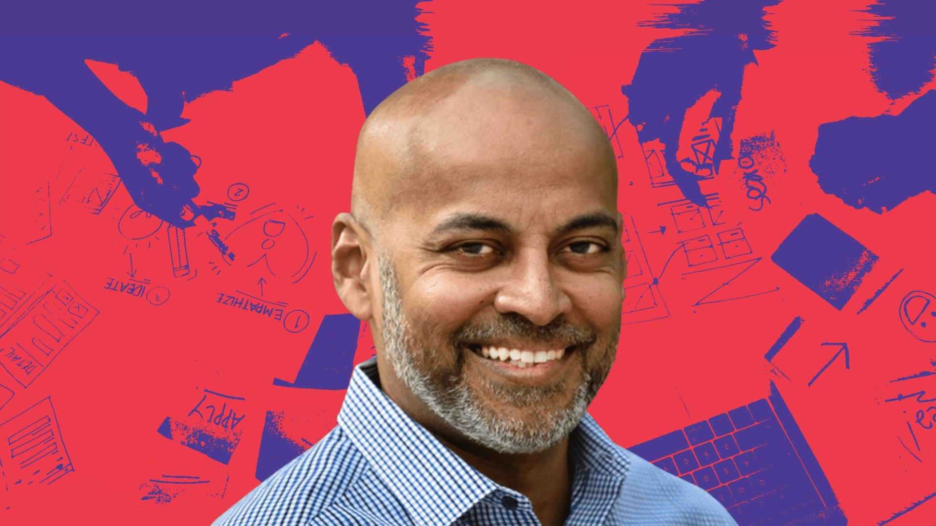Editorial illustration of Jan Arendtsz in a checked shirt against a red and purple background