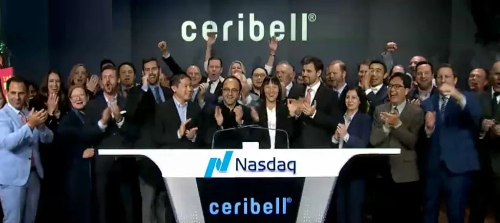 Jane Chao and the Ceribell team celebrating at the Nasdaq podium in October 2024