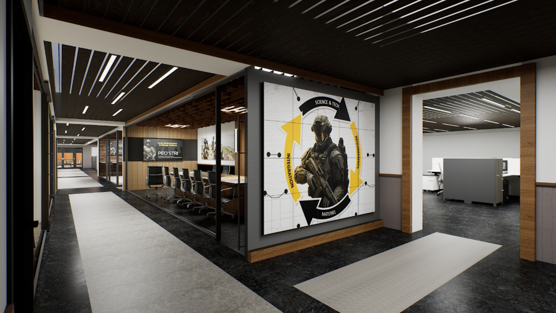Rendering of a JANSON workplace environment with glass meeting rooms and a large military mission display