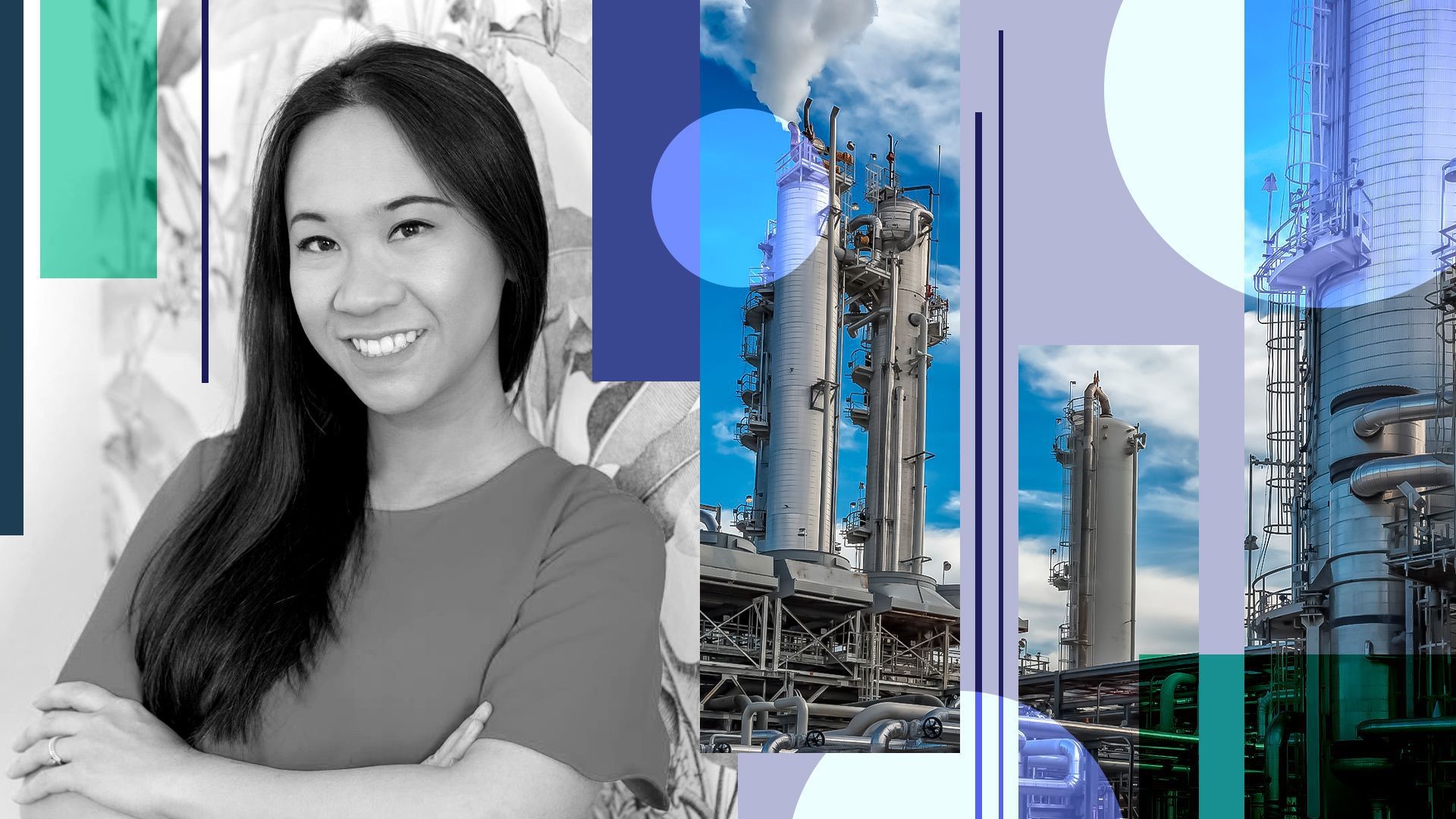 A press illustration of Janice Tran beside industrial process equipment