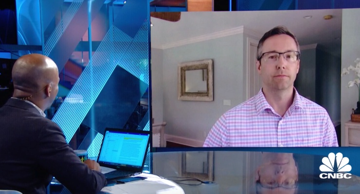 Jared Brown appears remotely on a screen during a CNBC interview.
