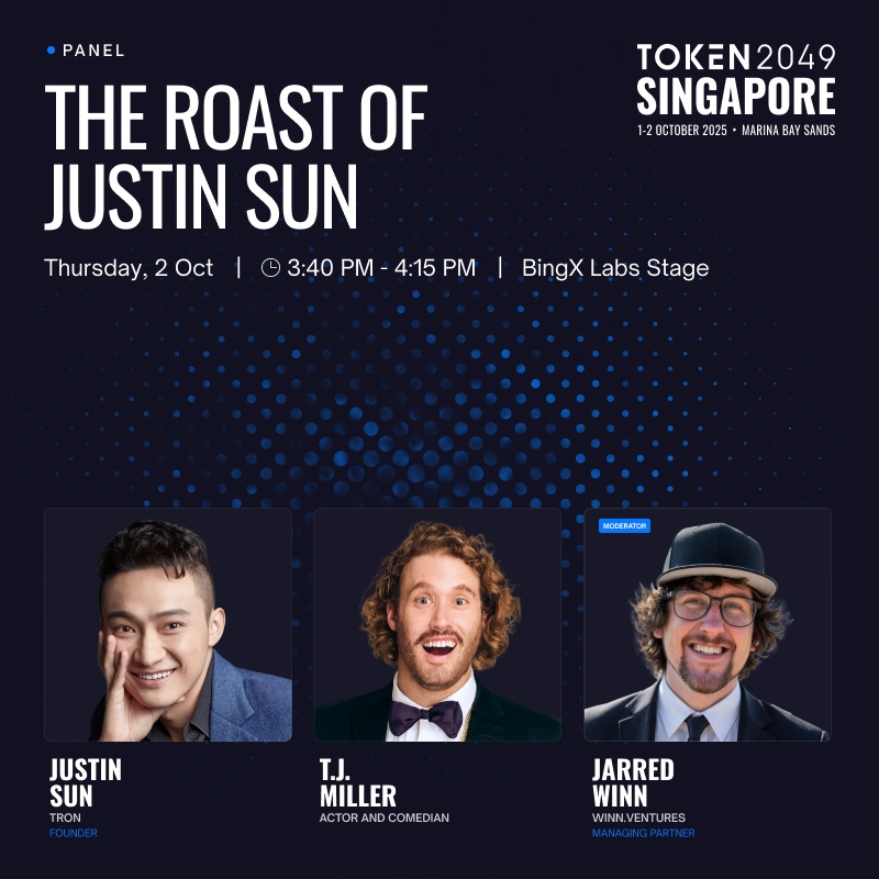 TOKEN2049’s 2025 poster for The Roast of Justin Sun, featuring Justin Sun, T.J. Miller and moderator Jarred Winn