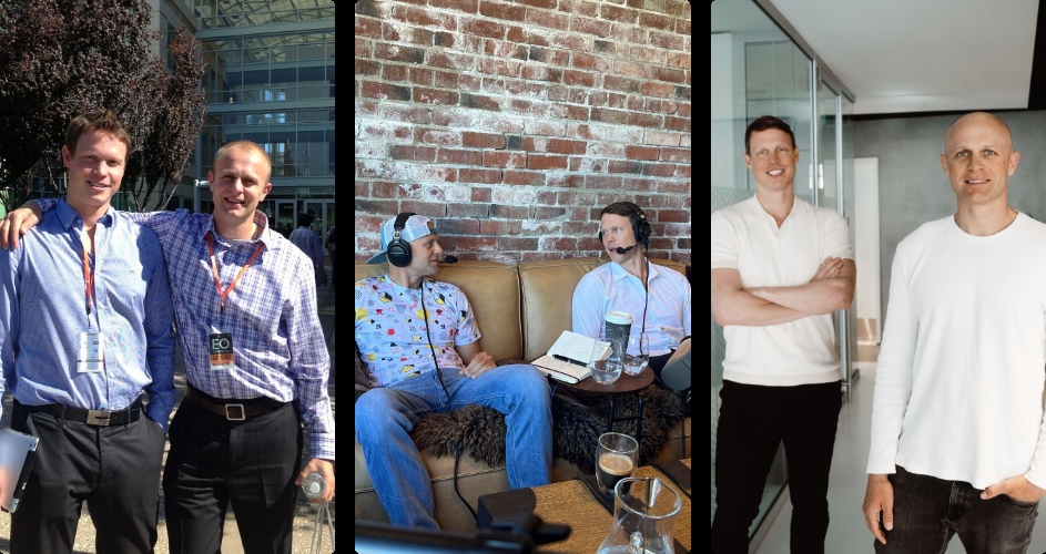 A collage of Jason Lindstrom and Bart Wisniowski together at an event, recording a conversation, and standing in an office