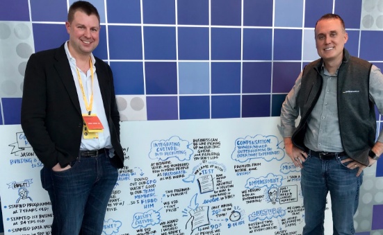 Jason Purcell, left, and Brett Hurt standing beside illustrated notes from their culture and hiring discussion.