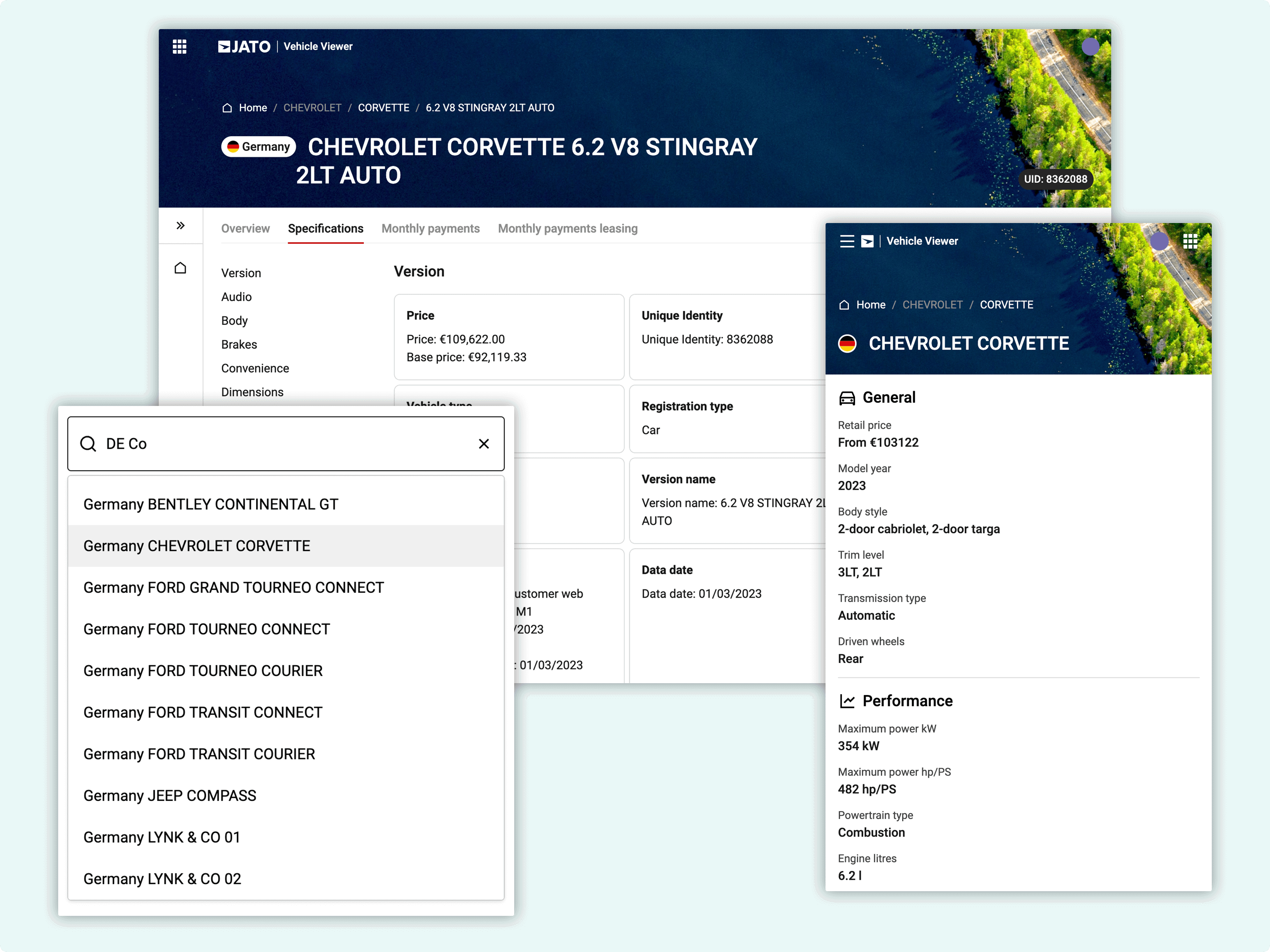 JATO Vehicle Viewer launch illustration showing Chevrolet Corvette specifications on desktop and mobile