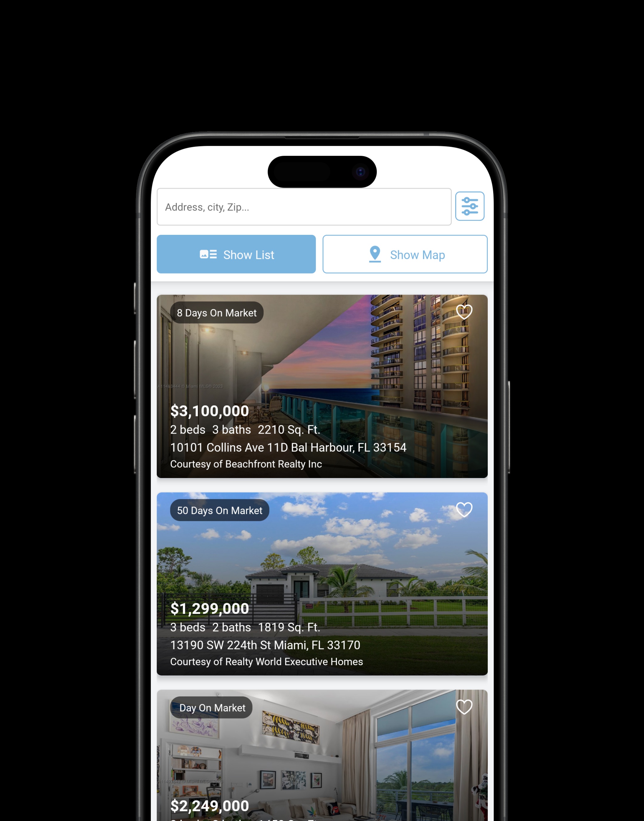 Official Xcellence marketing image showing property search results in a mobile app