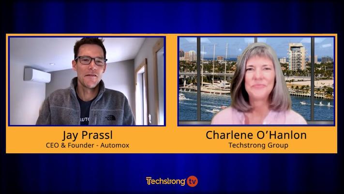 Jay Prassl speaking remotely with Techstrong host Charlene O’Hanlon