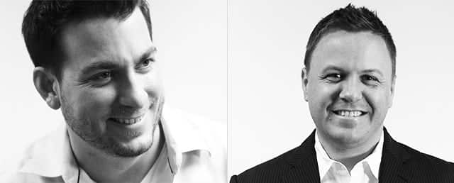 Black-and-white paired photographs of Joe Griffin on the left and Jay Swansson on the right
